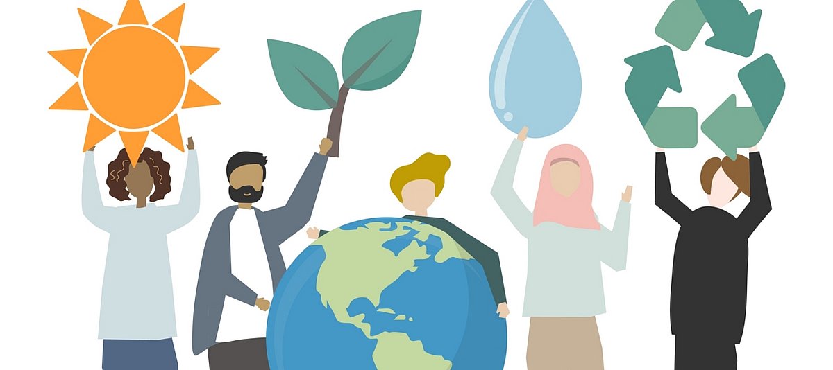 Illustration, die Umweltschutzthemen weltweit darstellt, u.a. Klimaschutz