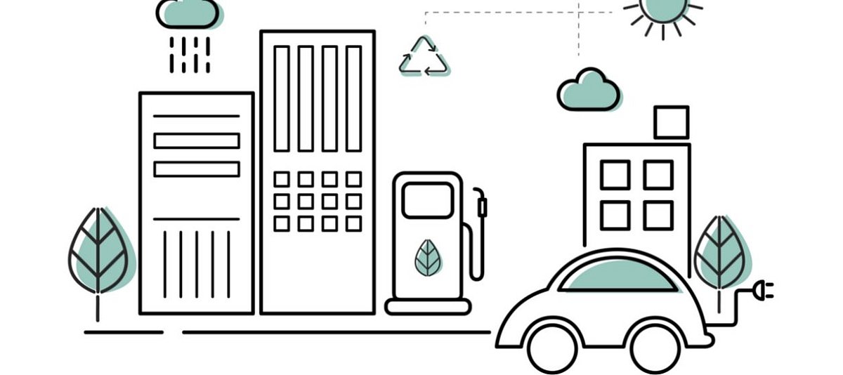 Eine Illustration zeigt Gebäude einer Stadt, im Vordergrund mit einem Elektroauto