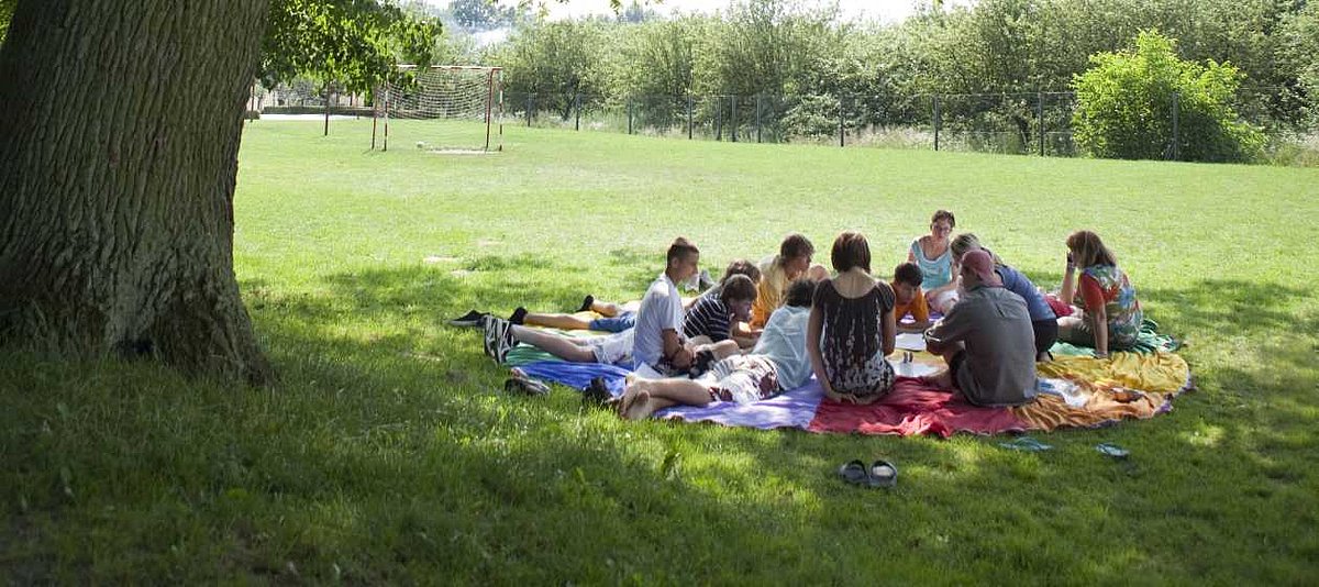 Gruppe Jugendlicher beim Picknick im Grünen unter einem Baum