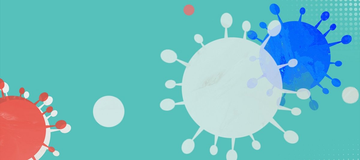 Zeichnung von bunten Virenkörpern vor blauem Hintergrund