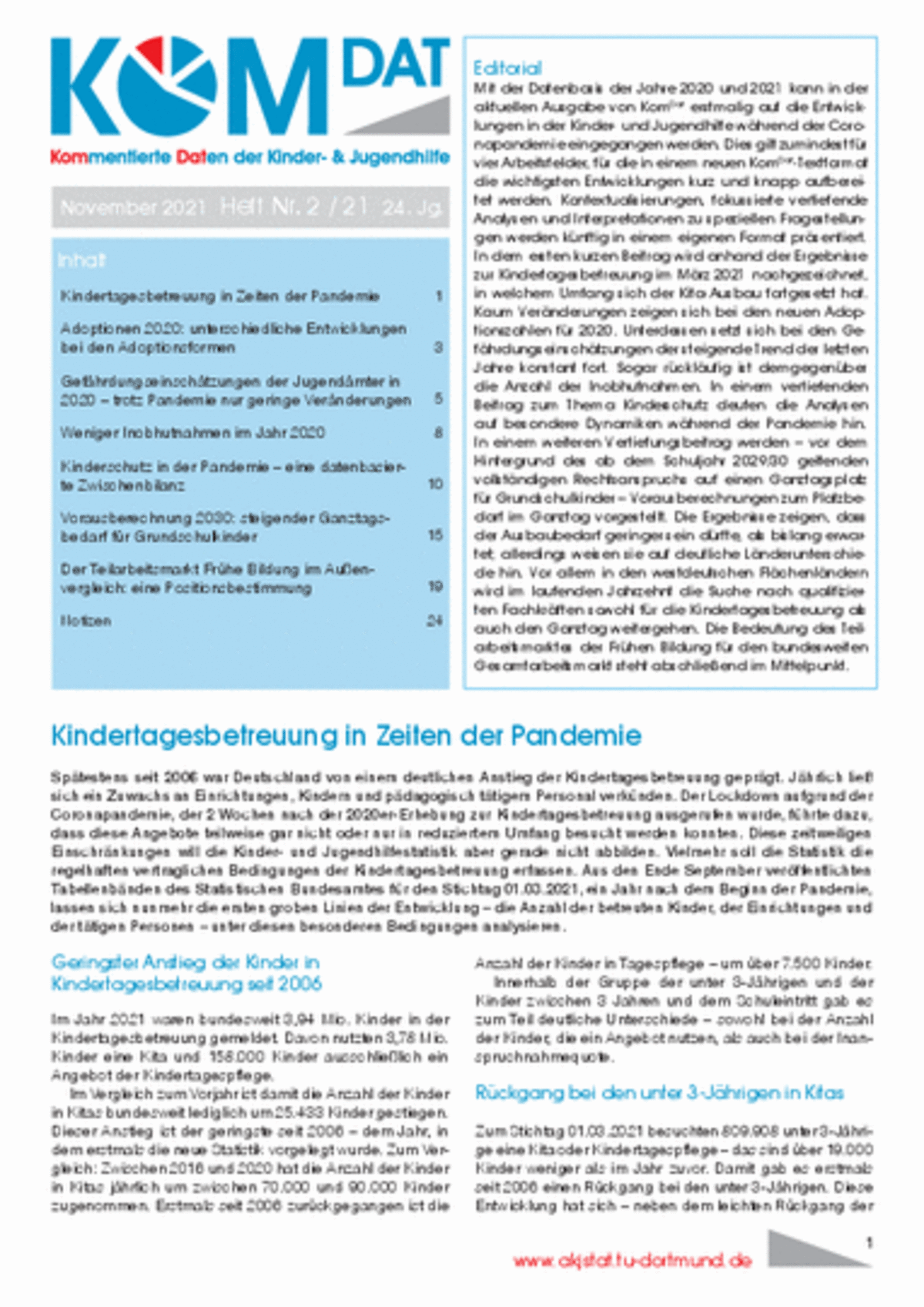 Cover der KomDat 2/21 mit Inhaltsverzeichnis, blauen Überschriften und schwarzem Text
