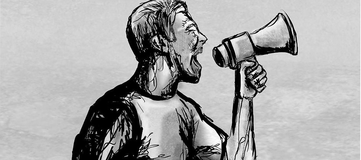 Zeichnung: Ein Mann ruft laut in ein Megafon.