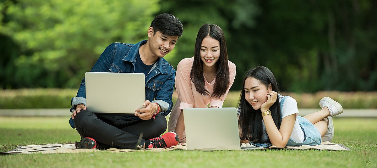 Drei Studierende sitzen und liegen auf einer Wiese im Park und schauen auf ihre Laptaps.