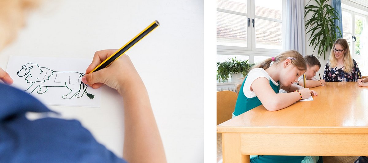 Vorschulkinder zeichnen und schreiben mit unterschiedlichen Schreibwerkzeugen