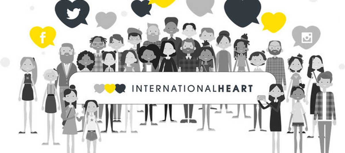 Eine Illustration mit einer Gruppe junger Menschen und dem Schriftzug INTERNATIONAL HEART 