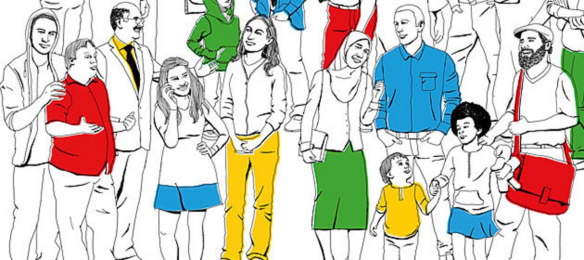 Zeichnung unterschiedlichster Menschen, die verschiedenfarbige Kleidungsstücke tragen  