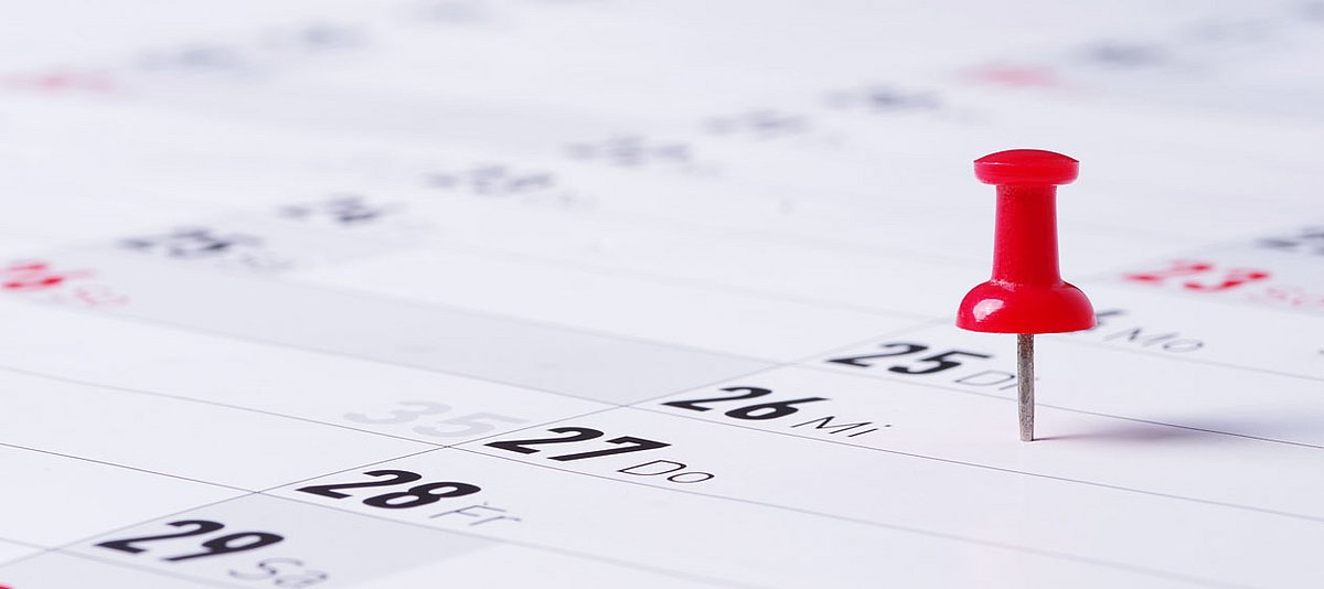 Ein roter Pin steckt in einem Jahres-Kalender und markiert einen Tag. 