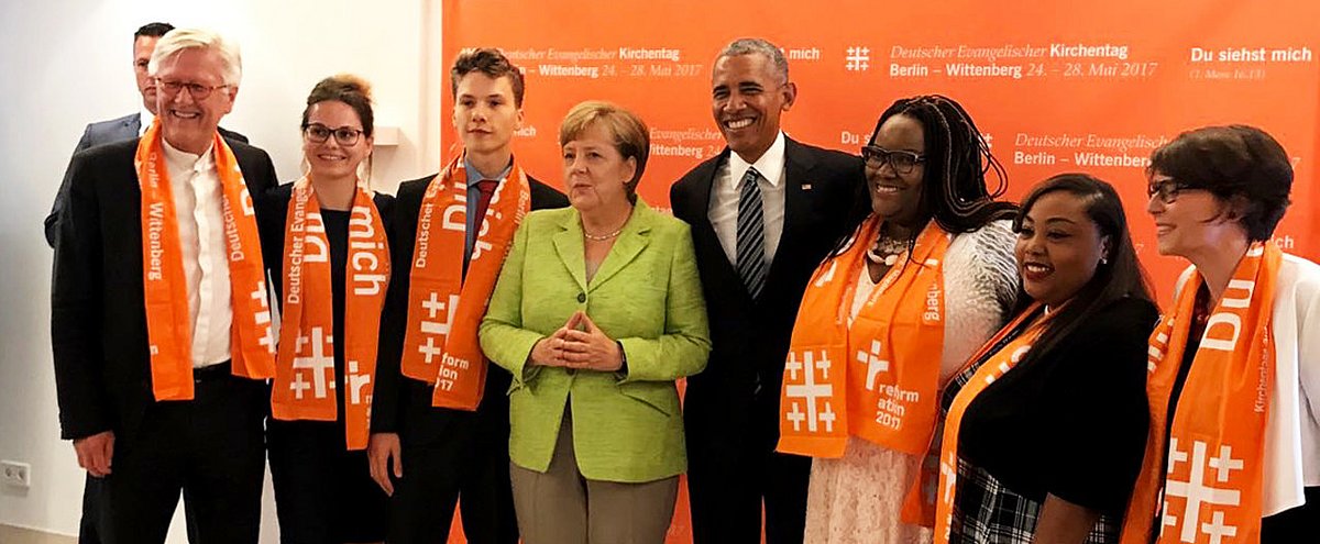 Barack Obama und Angela Merkel beim Gespräch mit Jugendlichen auf dem Deutschen Evangelischen Kirchentag in Berlin