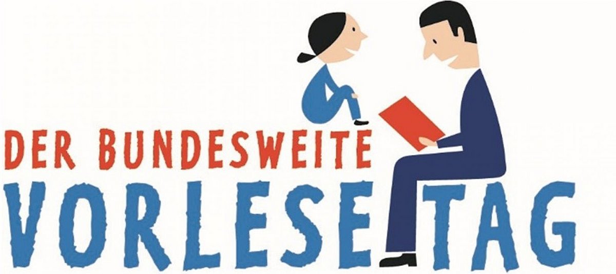 Logo des Bundesweiten Vorlesetag im Comic-Stil: Erwachsener liest Kind etwas vor