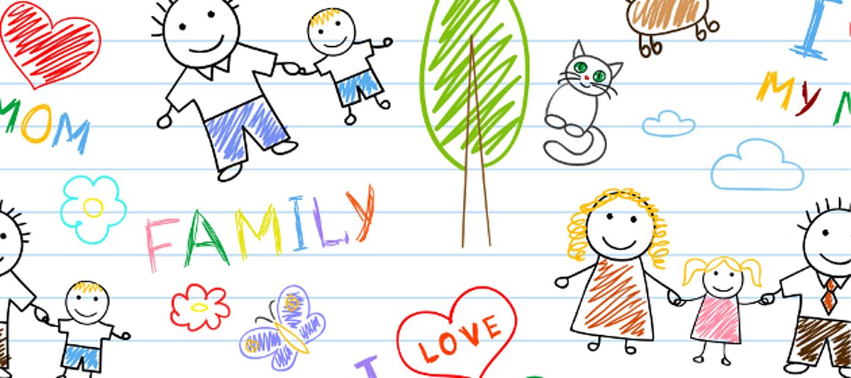 Das Bild zeigt Kinderzeichnungen von Tieren, Familien und Glückssymbolen.