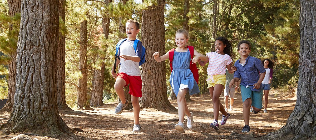 Sechs Jungen und Mädchen im Grundschulalter laufen glücklich lachend durch einen Wald. 