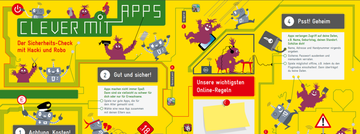 Ausschnit des Plakats „Clever mit Apps – der Sicherheits-Check mit Hacki und Robo“