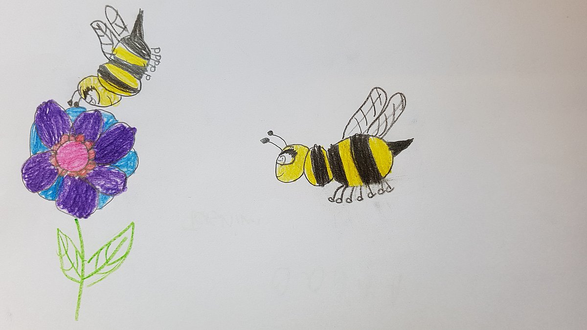 Kinderzeichnung mit Bienen und Blumen