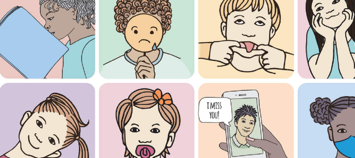 Illustratioon von Kindern mit unterschiedlichen Emotionen und Tätigkeiten während der Corona-Pandemie