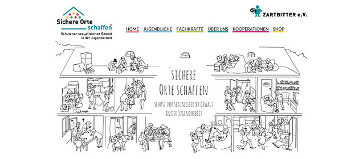 Wimmelbild mit Comics, Screenshot der Eingangsseite "Sichere Orte schaffen", (c) Zartbitter e. V.