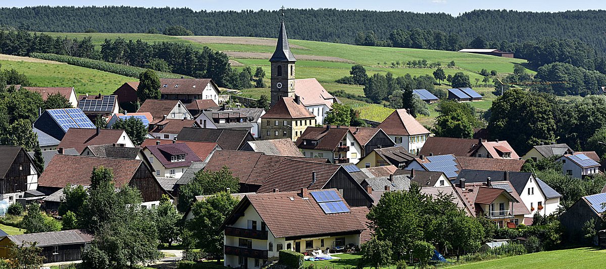 Ein Panoramabild des Dorfes Büchenbach.