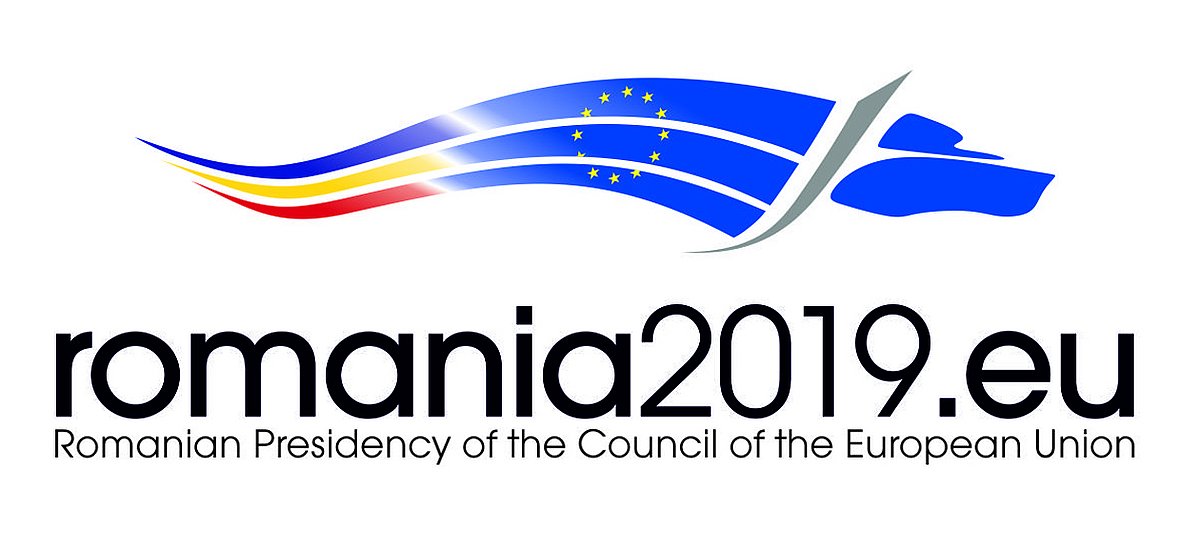Logo der rumänischen EU-Ratspräsidentschaft in Blau, Rot und Gelb mit schwarzer Schrift