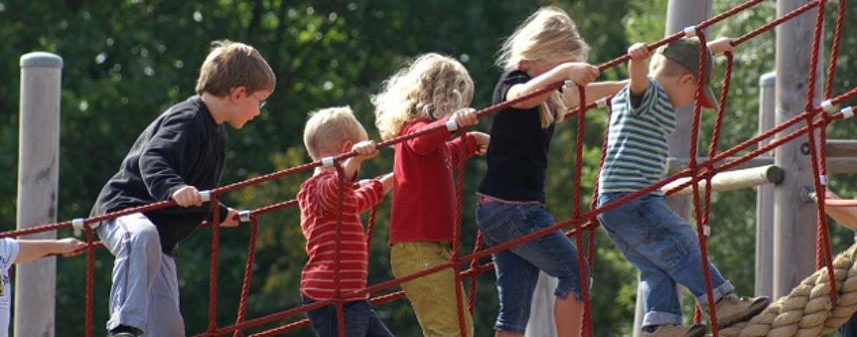 Fünf Kinder spielen auf einem Klettergerüst.