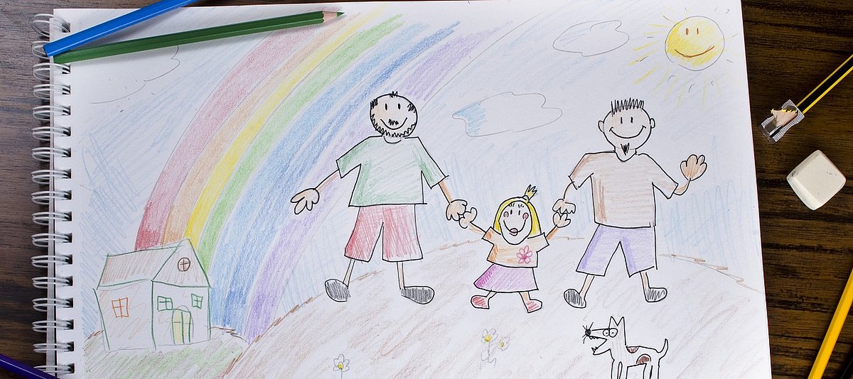 Kinderzeichnung von einem Kind mit zwei Vätern. Neben ihnen sieht man einen bunten Regenbogen und einen Familienhund.