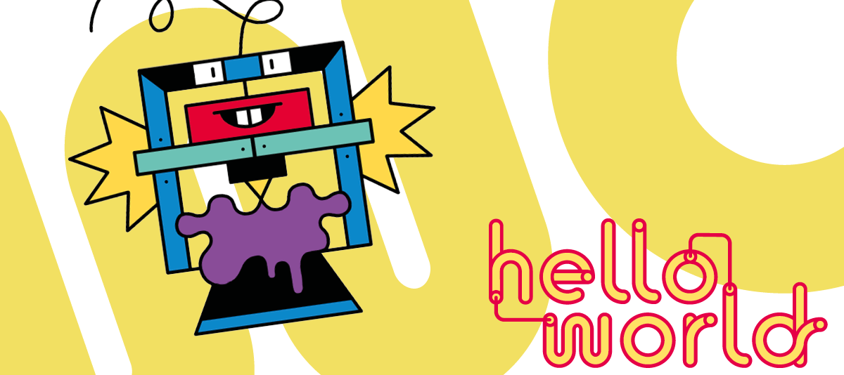 Banner mit Logo des Projekts hello world und einem bunten Roboter